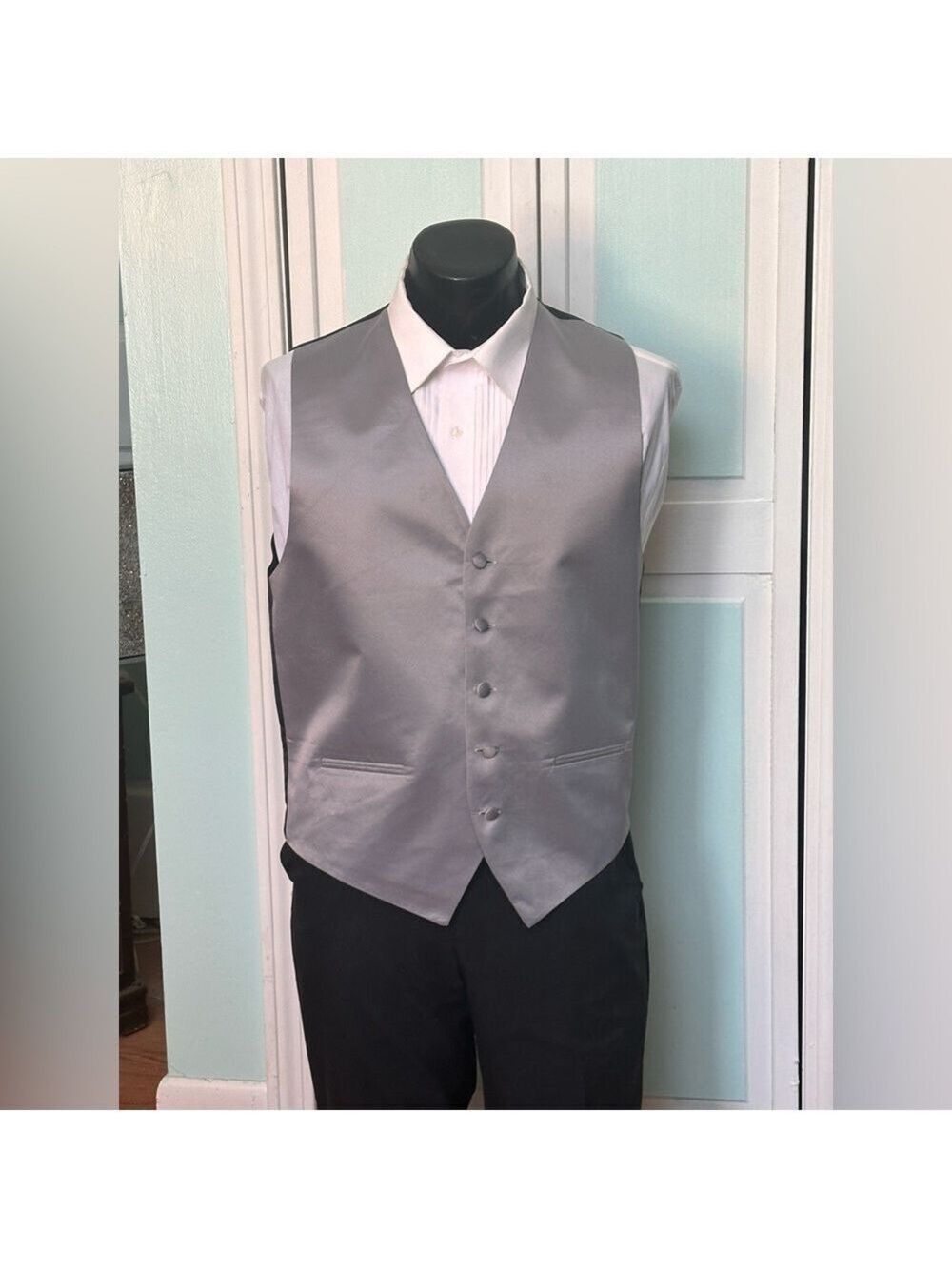 Silver Steel Satin Closed Back Vest Wedding Prom Tuxedo Men’s M Medium Tall Long